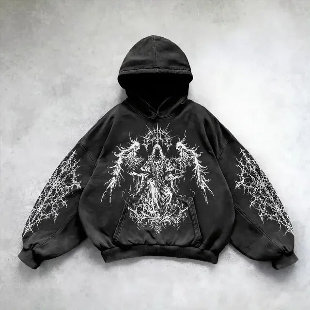 Y2K Dark Gothic Streetwear Hoodie - Angel Print Unisex