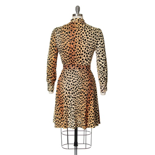 Vintage 1970s Shirt Dress 70s Cheetah Animal Print Jersey Dagger Collar Mini - Picture 4 of 9