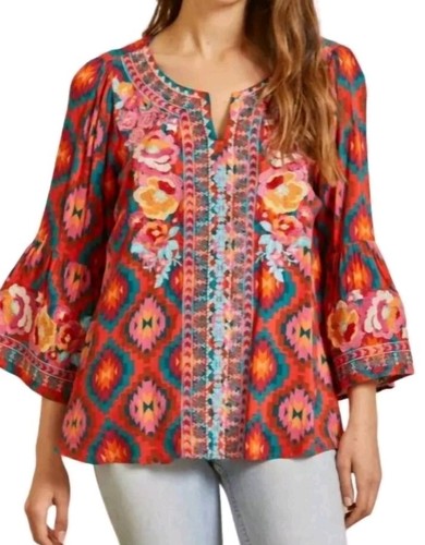 Savanna Jane 1X Top Blouse Tunic Aztec Print Embroidered Red Boho Bell Sleeves