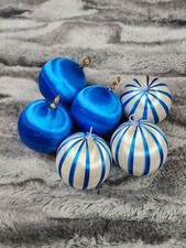 Christmas Ornaments Baubles Blue White Striped Satin Sheen Set Of 6