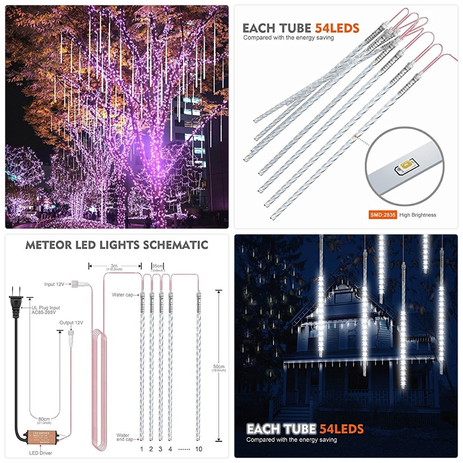 Meteor Shower Cascading Rain Lights, Bluefire 50cm 10 Helical Tubes 540