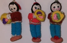 Vintage 3 Asian Oriental Knit & Silk Hand painted Faces 3” Xmas Ornaments Craft