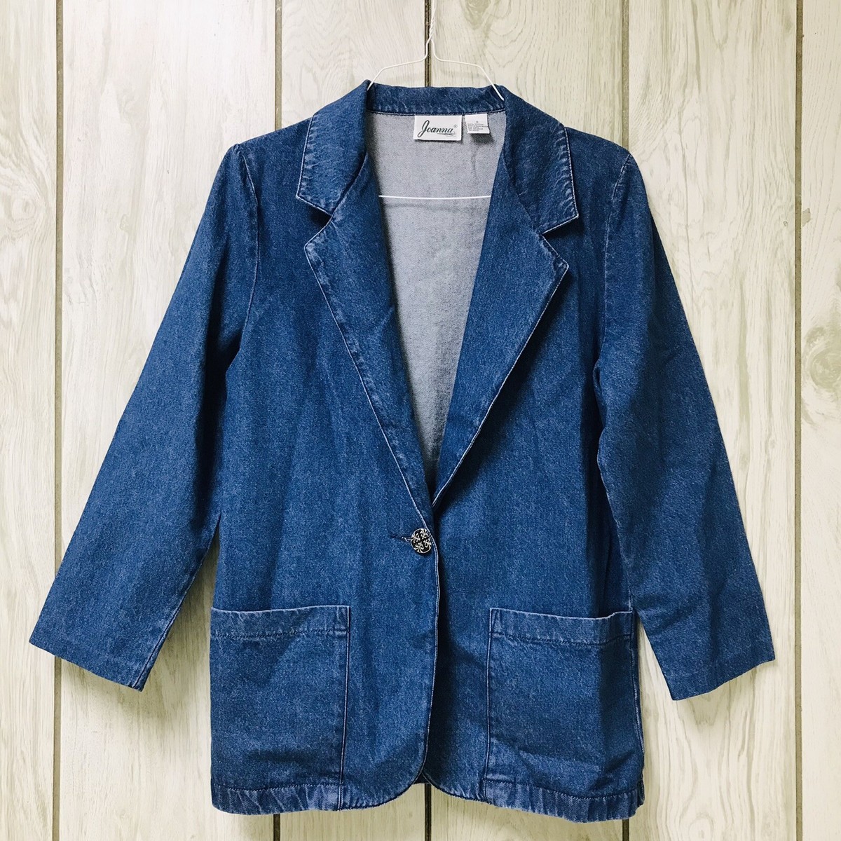 Vintage Joanna Women Denim 3/4 Sleeve Oversized One-Button Blazer 