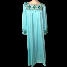 Vintage Gossard Long Aqua Blue W/ Embroidered Chiffon Trim Nylon Nightgown SZ M