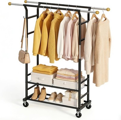 Clothes Rack with 3-Level Height Adjustment - Double Rod Extendable Hanging
