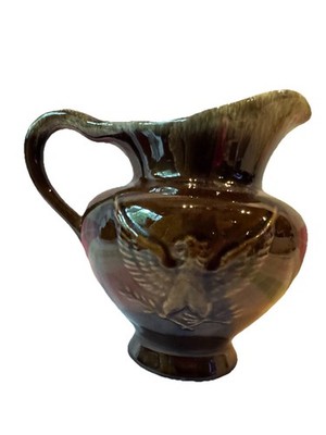 Hull Ceramic Brown Glossy Pitcher Eagle Design 5'' Tall Decorative USA
