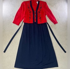 Vintage Miss Dorby Layered Midi Dress Red & Blue Embroidered Rose Tie Back Sz 8P