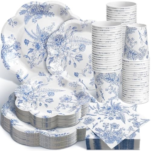  250 Pcs Blue Floral Disposable Plates and Napkins Blue and White Classic - Bild 2 von 7