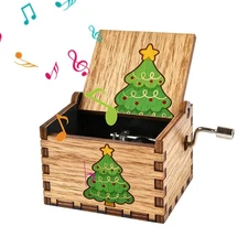 Christmas Music Box Wood Hand Crank Seasonal Decor Holiday Musical Box