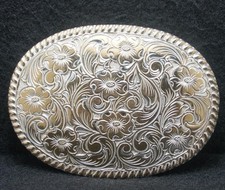 XB13118 NOS VINTAGE 1970s CRUMRINE FLORAL ARTWORK UNISEX FASHION BELT BUCKLE