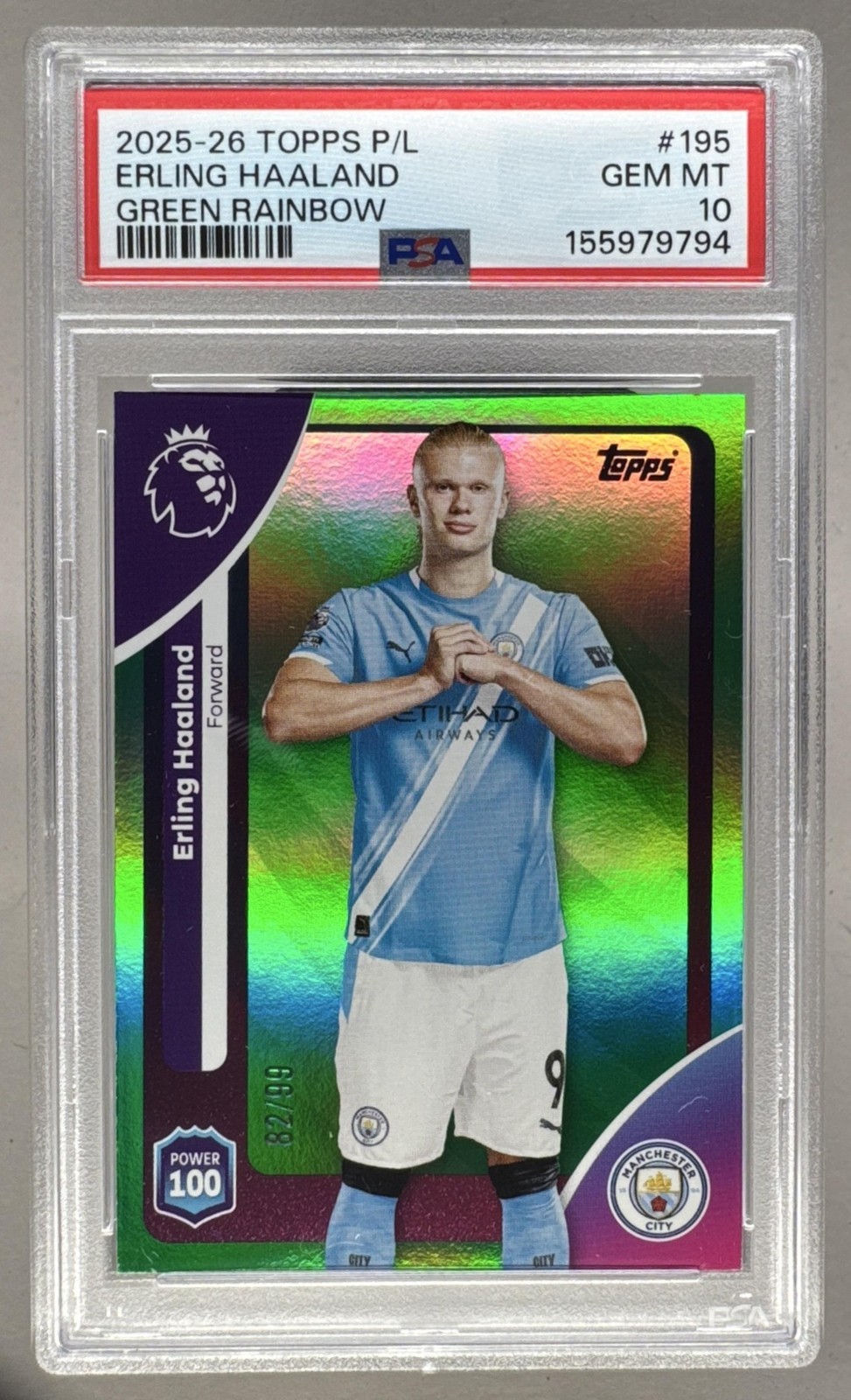 9794 Erling Haaland 2025 Topps Premier League #195 Green Rainbow Foil /99 PSA 10