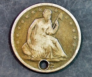 1875-S SILVER SEATED LIBERTY HALF DOLLAR! A HOLEY COIN, AUCTION CLOSES SUNDAY..