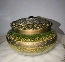 Antique Bohemian Green & Clear Glass Trinket Box Gold Enamel Gem Dresser Jar