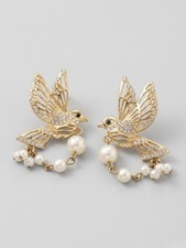 Women’s Gold Tone Bird Stud Earrings with Pearl Drops & Crystal Rhinestones