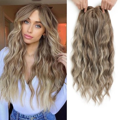 Light Brown Ash Highlight Long Wavy 20in Women Premium Hair Topper