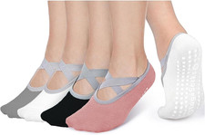 Pilates Socks Non-Slip 4 Pairs, Large Size Fits UK 3.5-7.5 EU 36-41 Women'S Yoga