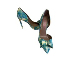 Betsey Johnson Women's Blue Yellow Floral Patent Bow Stiletto Heels Size 9
