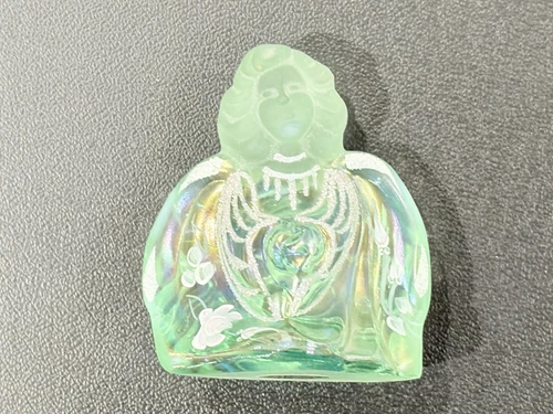 Fenton Art Glass Green Iridescent Angel Figurine Hand Painted Flowers Signed