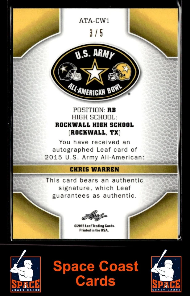 2015 Leaf Chris Warren #ATA-CW1 /5 Auto Red US Army All American - Image 2 of 2