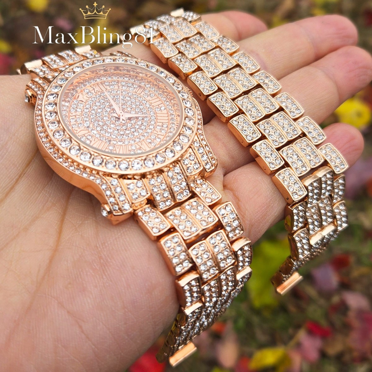 MEN'S HIP HOP ROSE GOLD TONE CZ LUXURY RED DIAL WATCH & FULL ICED