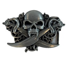 Skull and Crossed Swords Silver Tone Belt Buckle 4"x2.5" Pirate