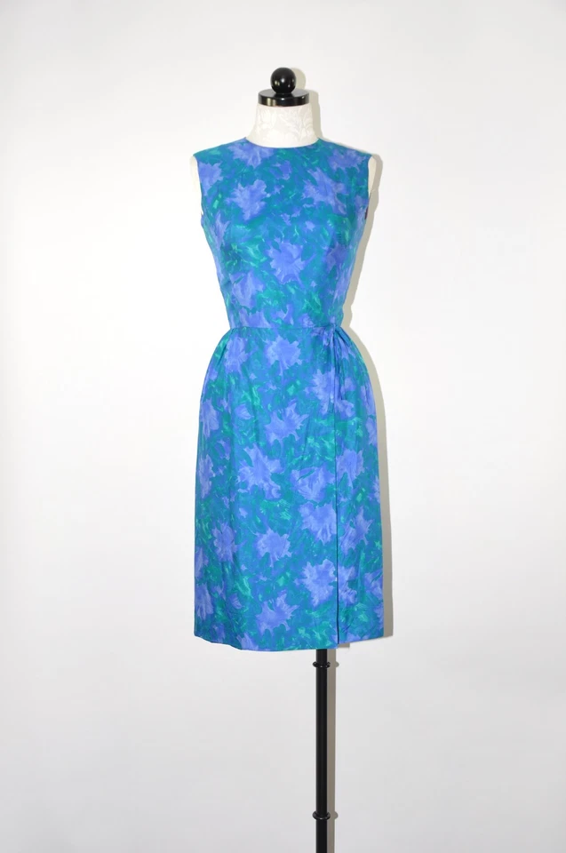 Vestido de cóctel floral de seda azul pavo real iridiscente vintage años 60 para mujer XS S Foto 2 de 4