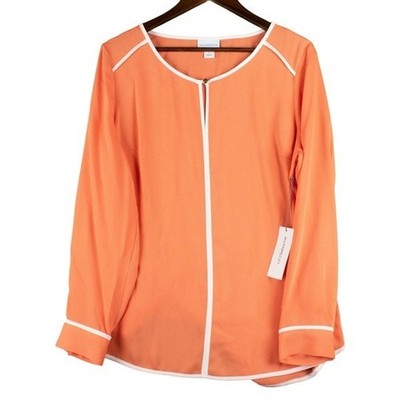 Liz Claiborne Womens L Blouse Coral Orange Split Neck Business Casual