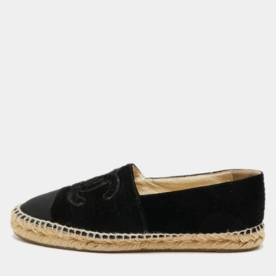 Espadrille plate Chanel imbriquée CC taille 38 en toile noire et velours... - Photo 1/4