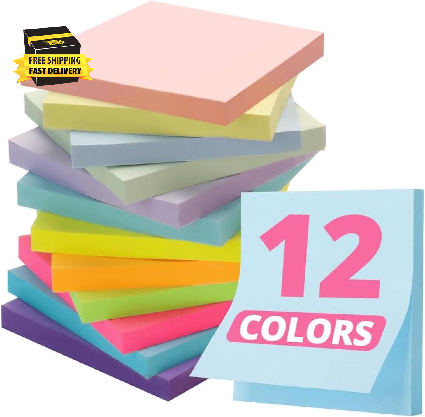 Sticky Notes, 12 Pads, 3X3 Inches, Soft Pastel Self-Stick Note Pads, Perfect for-image