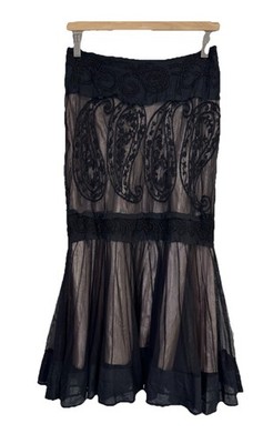 Basil & Maude Sz 8 Black Skirt Midi Tiered Beaded Embroidered Lined Fairy Punk