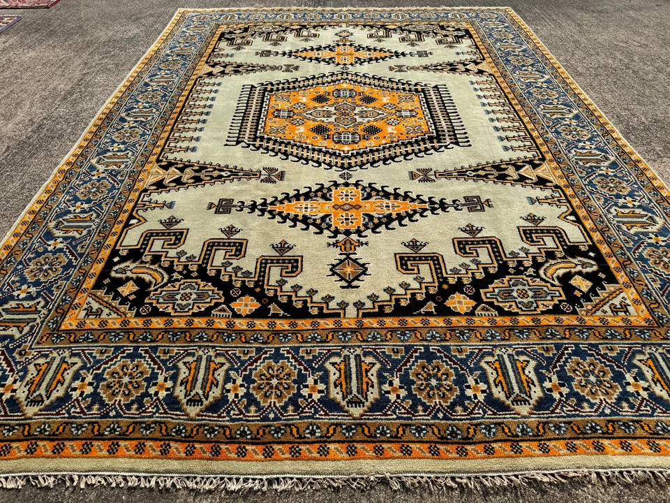 9x12 NAVY BLUE WOOL RUG HANDMADE HERIZ handwoven geometric Hand-knotted gold new - Image 2 of 4