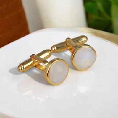 Rainbow Moonstone Cufflinks for Groom Men's  925 Sterling Silver 14k Gold Plated