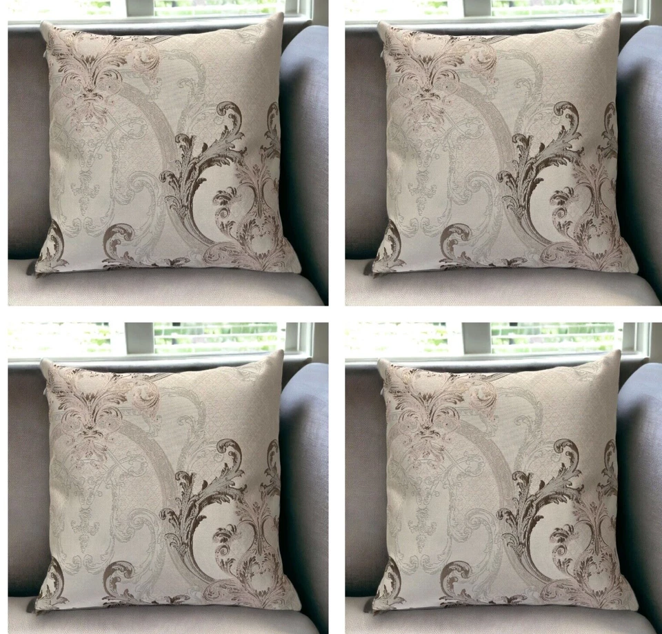 Set of 4 Beige Luxury Damask Cushion Covers Olive Flower 18x18" 45X45 Cm Zip - Image 4 of 4
