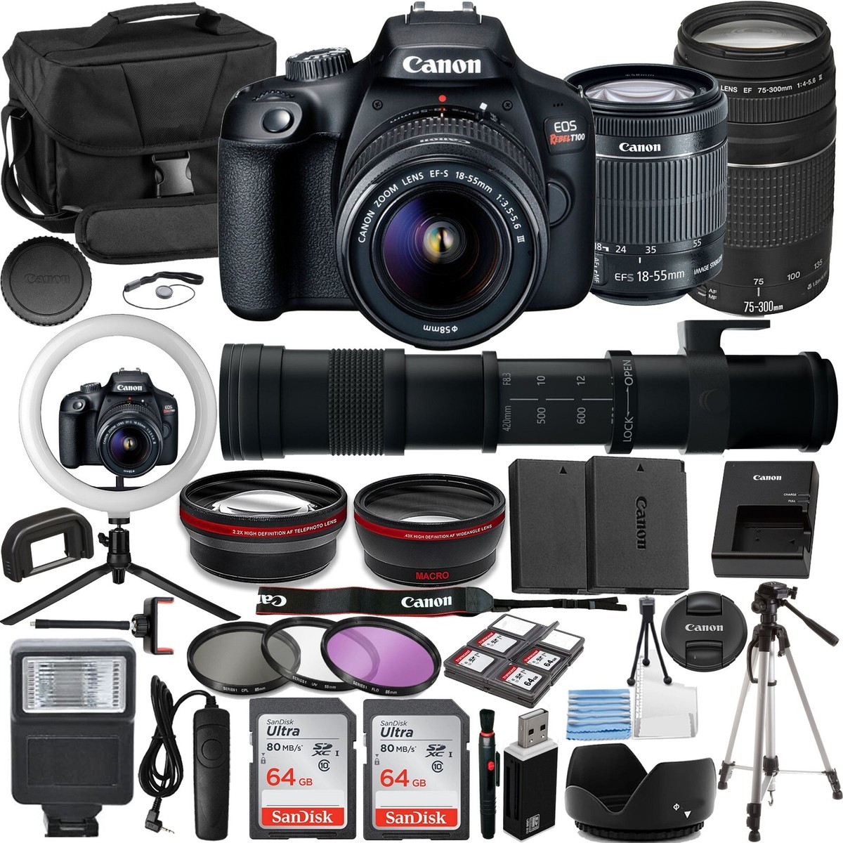 Canon Rebel T100 Vlogger Kit:EF-S 18-55mm,EF 75-300mm 420-800mm Lenses,  More