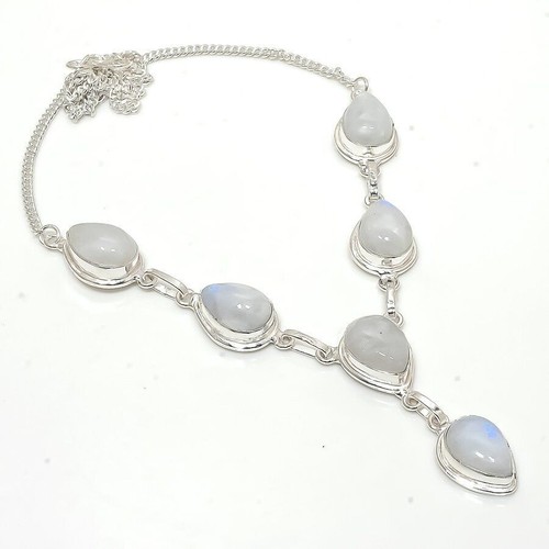Collier Fait Main Pierre De Lune Arc-en-ciel, Argent 925, Longueur 17-18 Pouces - Neuf Sans Emballage