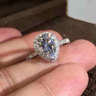 3 Ctw Pear Cut Certified Moissanite Halo Engagement Ring 14K White Gold Plated