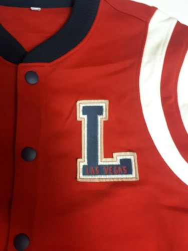 Las Vegas Boy’s Red Mix Varsity Jacket 13-14 Years With Button - Picture 3 of 6