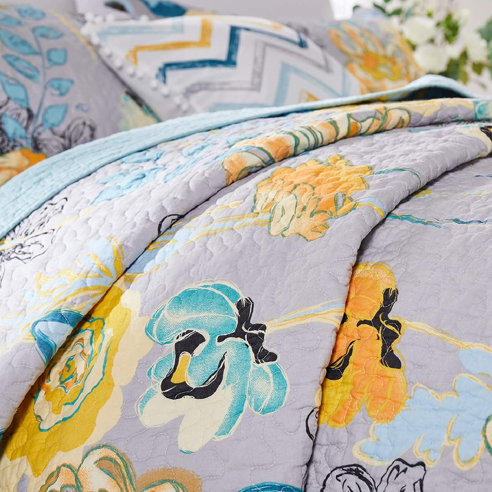 Queen Quilt Set Cotton Reversible Bedding Gray Blue Yellow Floral Bed Cover  - Shopping.com, image size:1575x1575