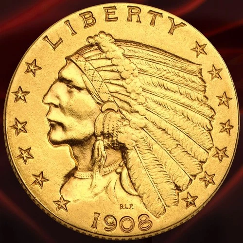 1908 2 1/2 Dollars Indian Gold Quarter Eagle BU Coin Rare Old Antique US $2.50