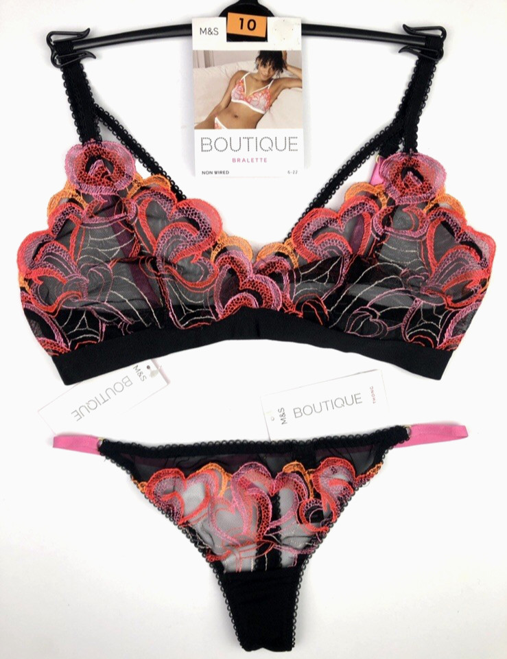 UK 10 Marks & Spencer Boutique Bralette & Thong Set BLACK BNWT