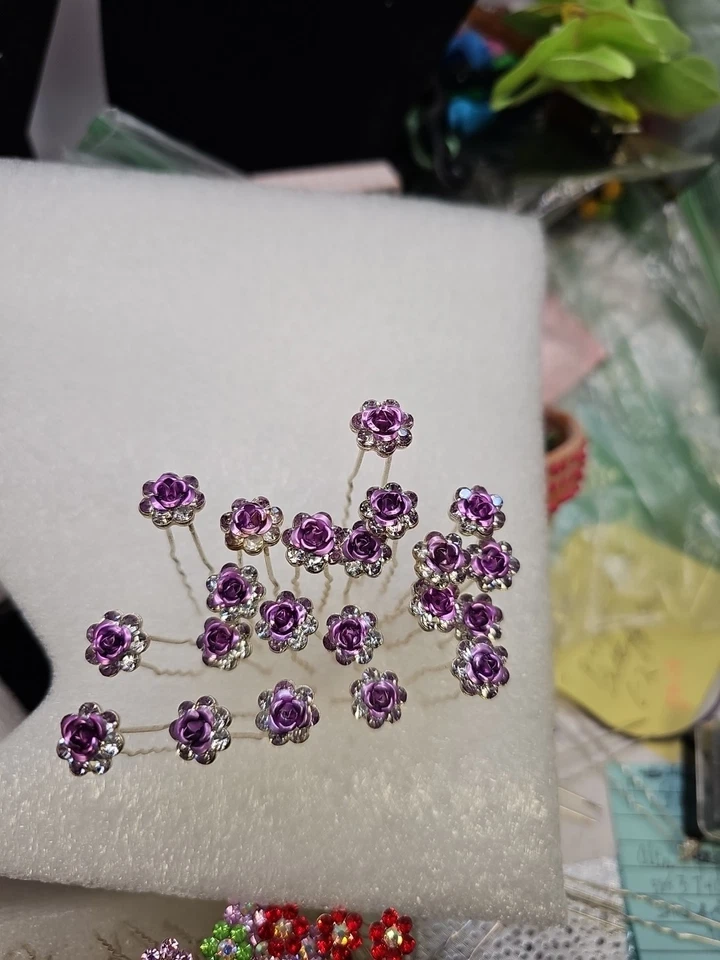 Lote de 20 alfileres para palo de pelo para mujer morados con pedrería de cristal transparente floral Foto 2 de 3