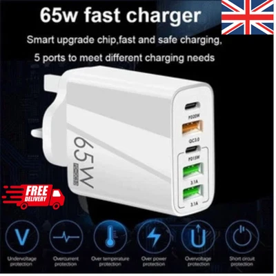 65W Quick Charger UK Plug Fast Wall Charger Power Adapter 5 Port USB-C PD Type C