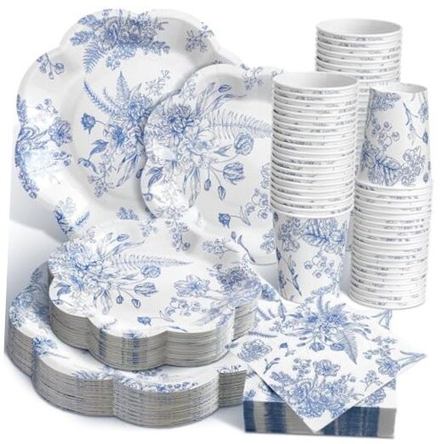  250 Pcs Blue Floral Disposable Plates and Napkins Blue and White Classic