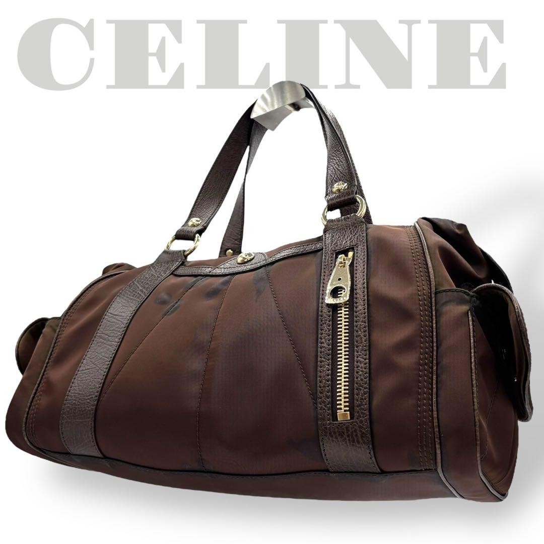 CELINE Mini Boston Tote Bag Nylon Leather Brown Authentic Excellent Condition