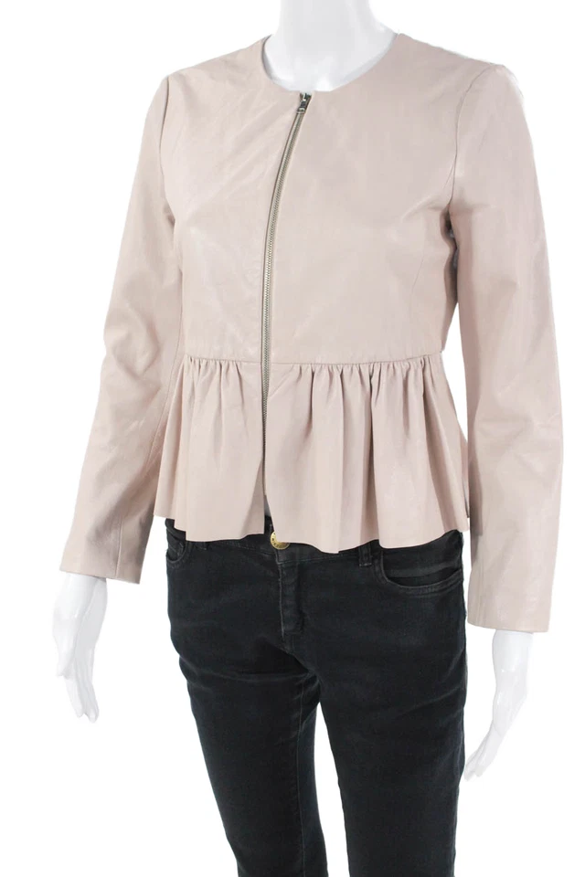 Rebecca Taylor Womens Leather Round Neck Zip Up Peplum Jacket Pink Size 2 - Image 2 of 4