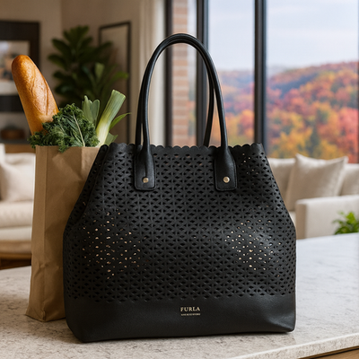 NEW FURLA Melissa Classic Black Tote Bag, Perforated Leather Made