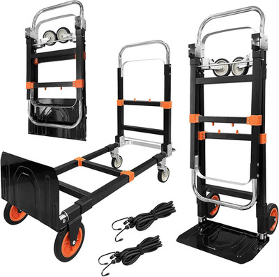 Heavy Duty 3-in-1 Aluminum Hand Truck Dolly, 600 Lbs, Folding Trolley, Orange