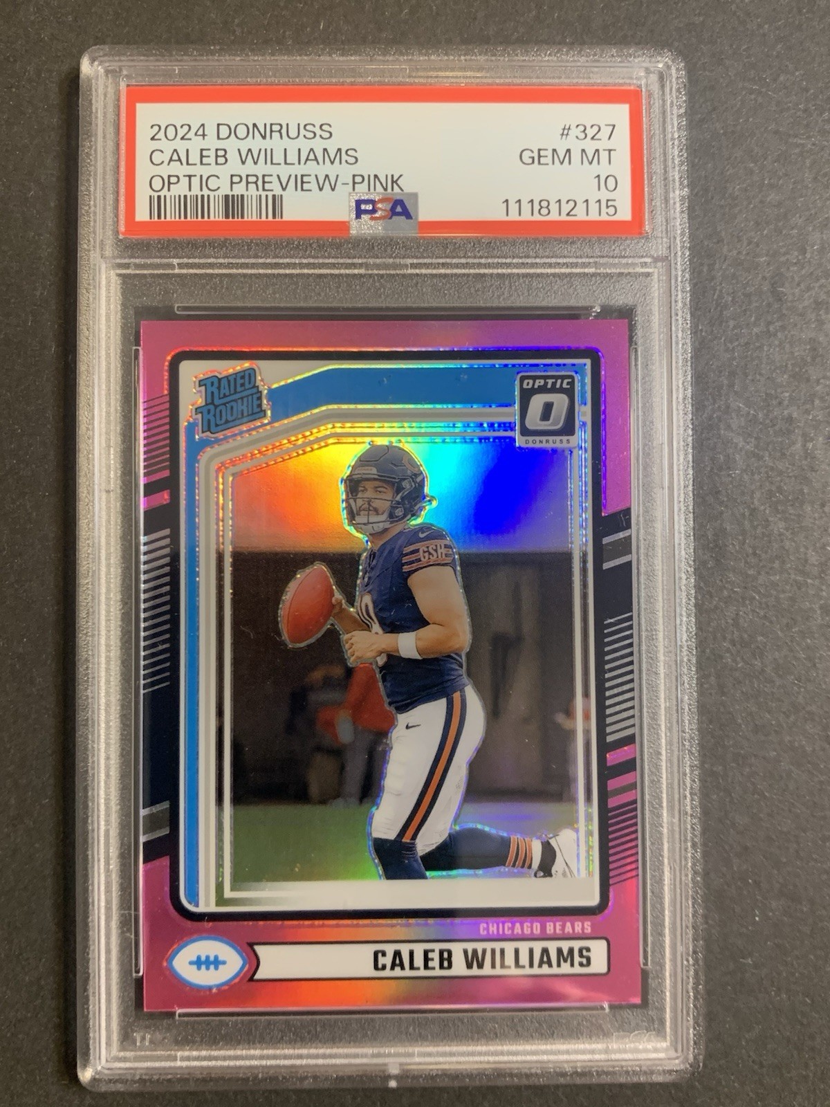 2024 Donruss Caleb Williams #327 Optic Preview Pink Prizm (RC) PSA 10 view 1