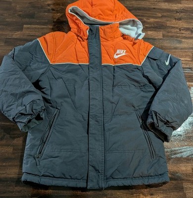 VTG Nike Puffer Jacket Orange 10-12 Youth Hooded Fleece Reversible Gray Tag Y2k