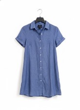 Tahari Blue Linen Tunic Shirt Dress S Short Sleeve Button Front Coastal Beach